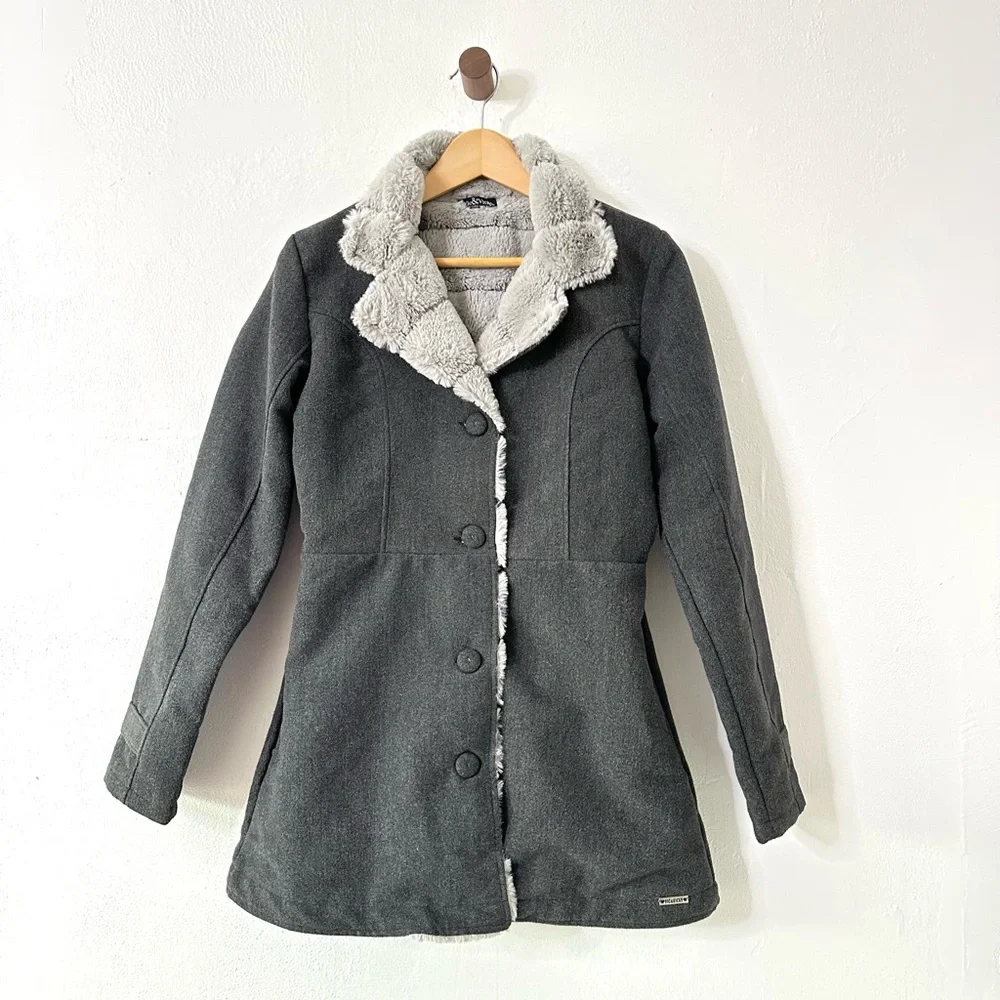 Women's charcoal grey button down coat with faux fur collar - Picture 1 of 6